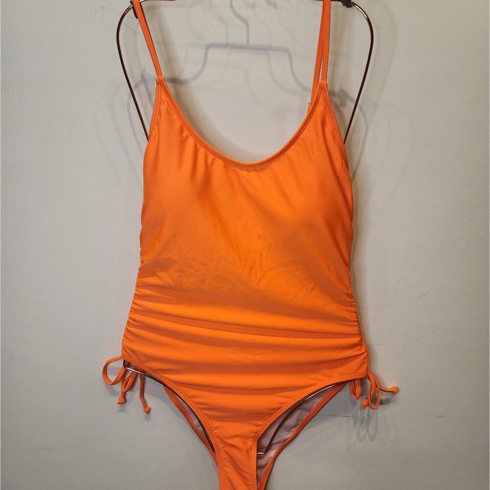 New Neon Orange Swimsuit One Piece Bathing suit Modest Tank Cinched 325‎ Size L